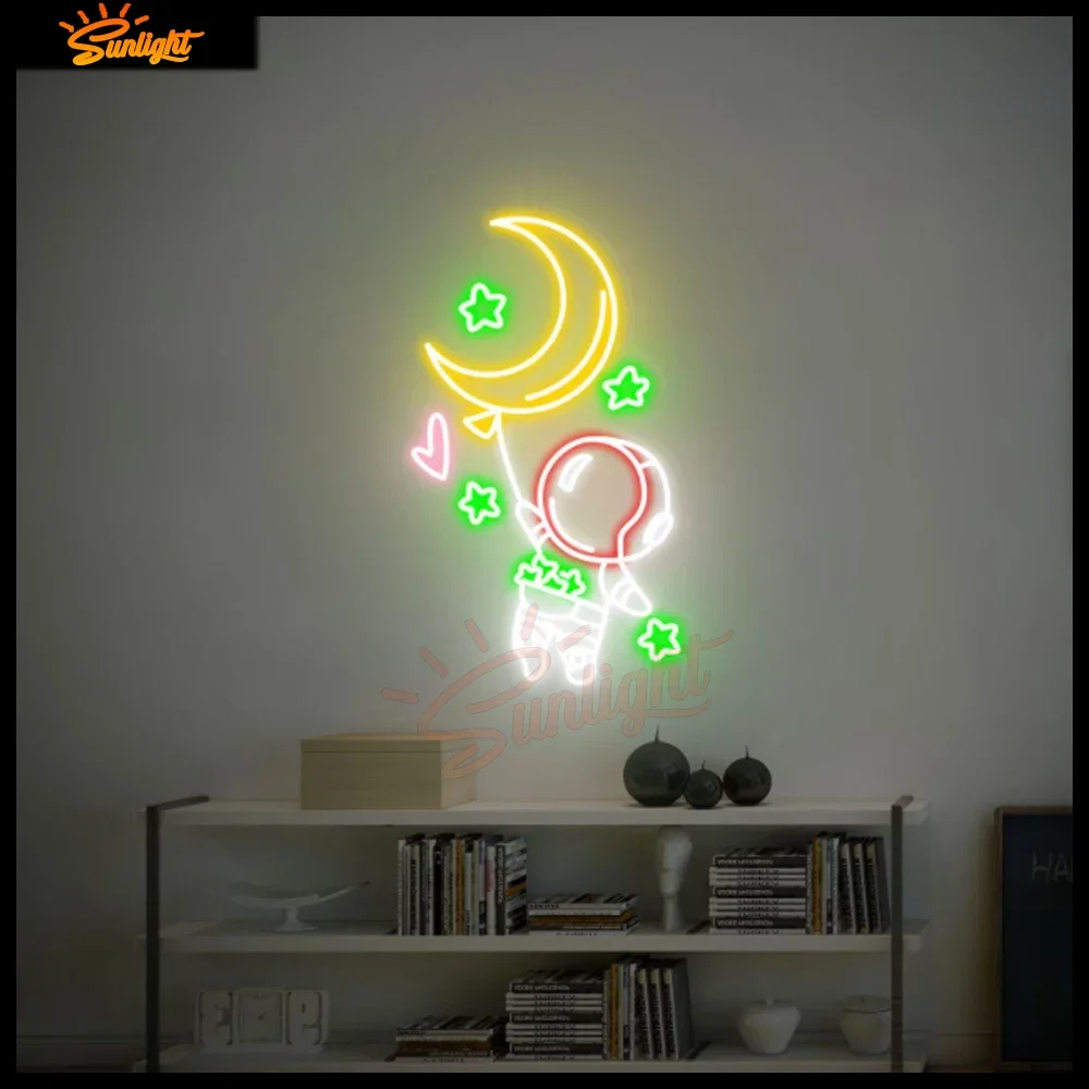 Spaceman Neon Sign Astronaut with moon Led Neon Sign  Kid's room Light Neon Wall Light Sign Bedroom GAME ROOM Decoration