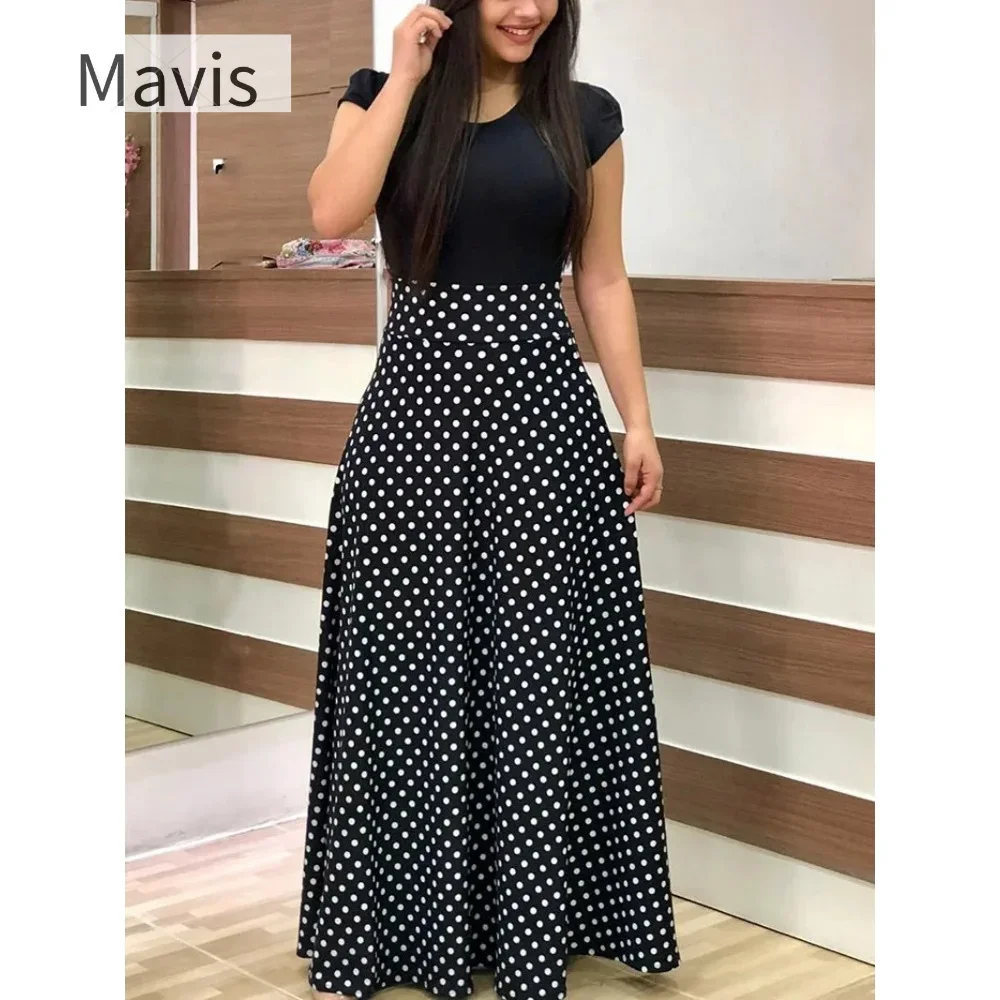 Dailou Vrouwen Polka Dot Print Patchwork Lange Jurken Casual Korte Mouwen O-hals Hoge Taille Gewaad Boho Beach Maxi Zomerjurk Vintage-