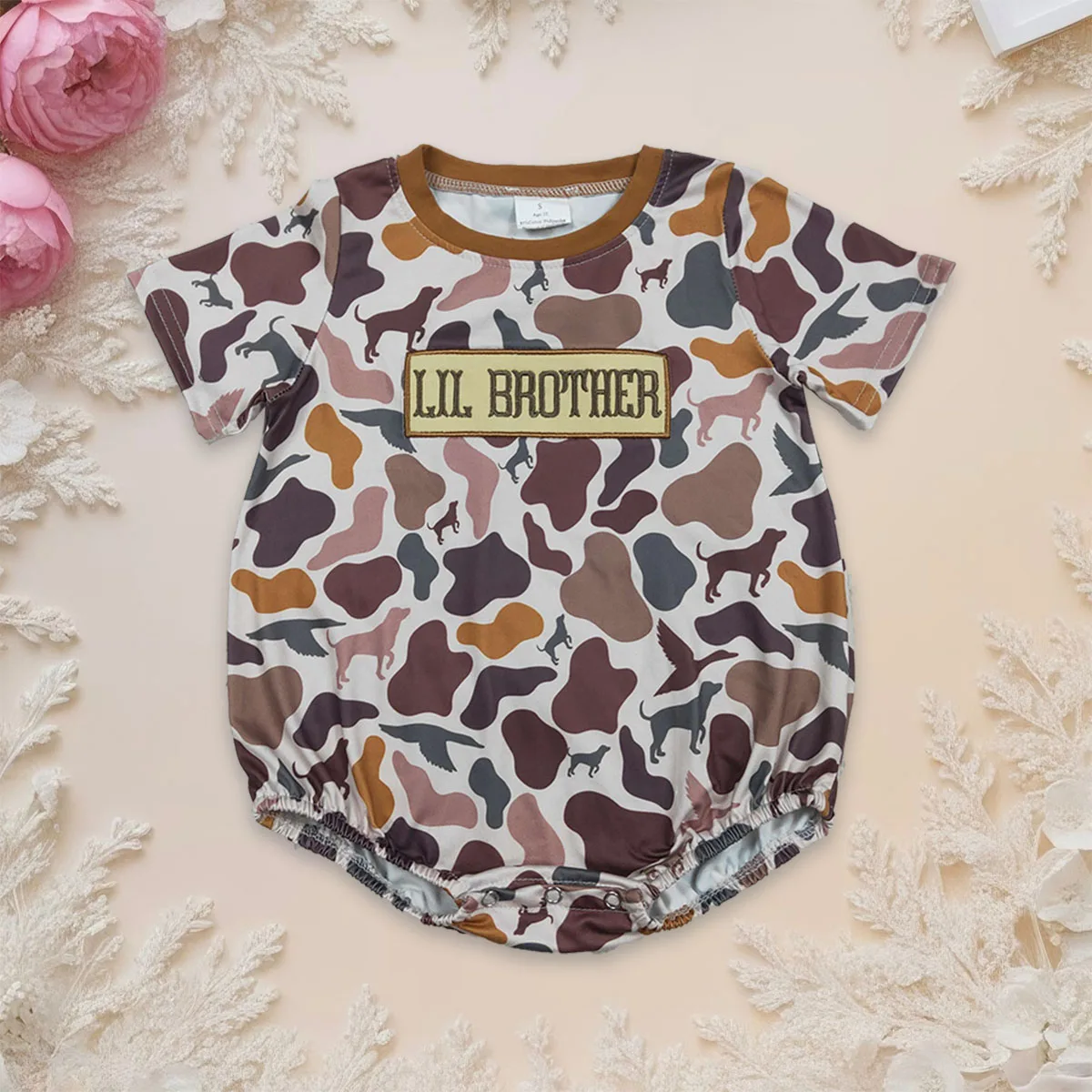 

Newborn Baby Boy Short Sleeve Kids Embroidery Hunting Dog Ducks Camo Stretchy Bubbles Rompers Toddler Jumpsuit Onesies Wholesale