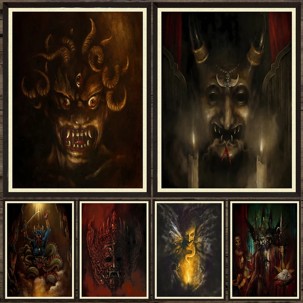 The Wrathful Vajra Deity And Pagan Demon Abstract Wall Art Canvas Painting,Creepy Horror Demon Portraits Gothic Art Poster Print