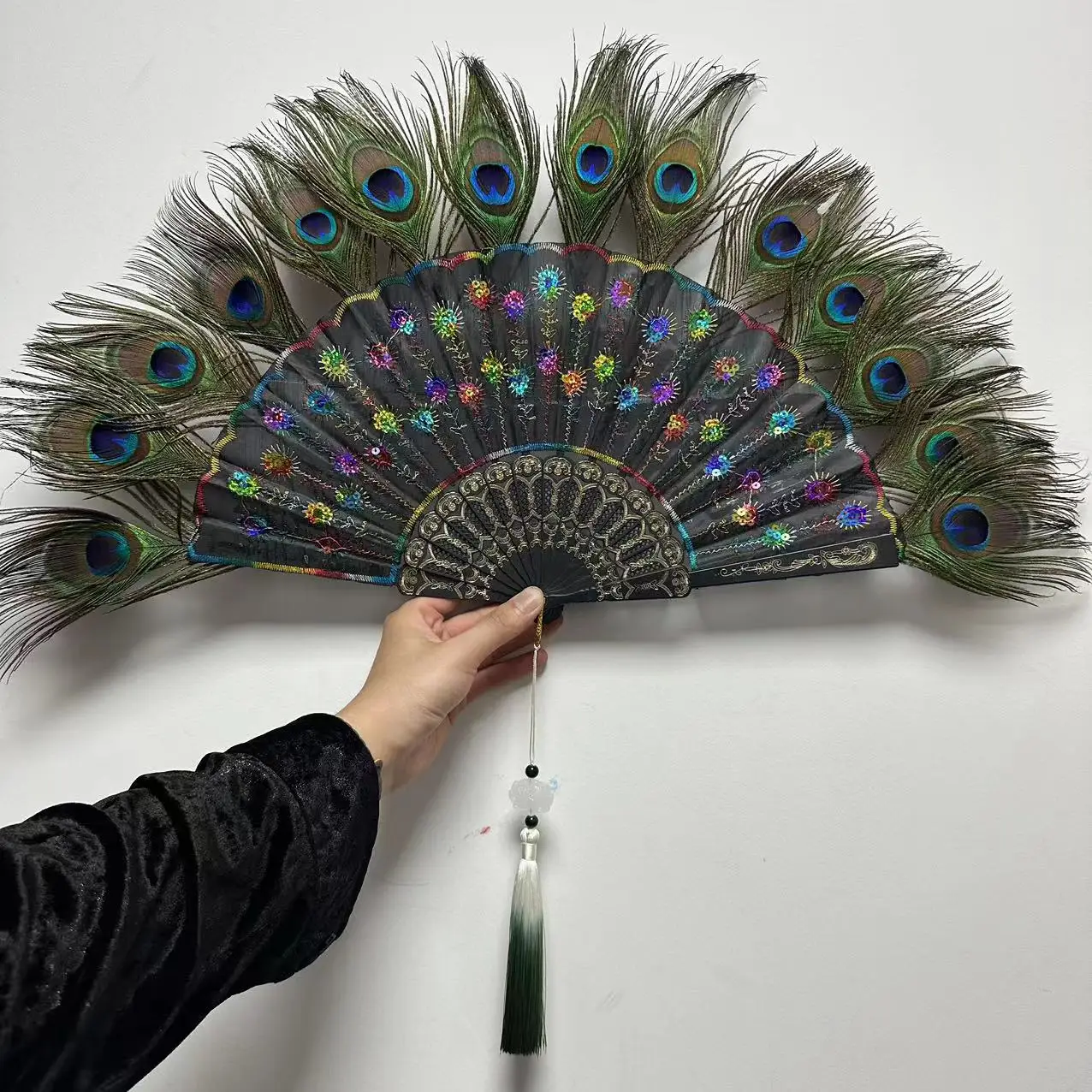 Embroidery Sequin Peacock Feather Folding Fan Lolita Dance Hand Fan with Pendant Gifts Wedding Party Decoration