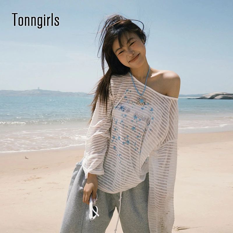 Tonngirls Harajuku Print Star T-shirt Women Long Sleeve Loose Casual Shirts See Throught Y2k Japanese Fairycore Tshits Grunge