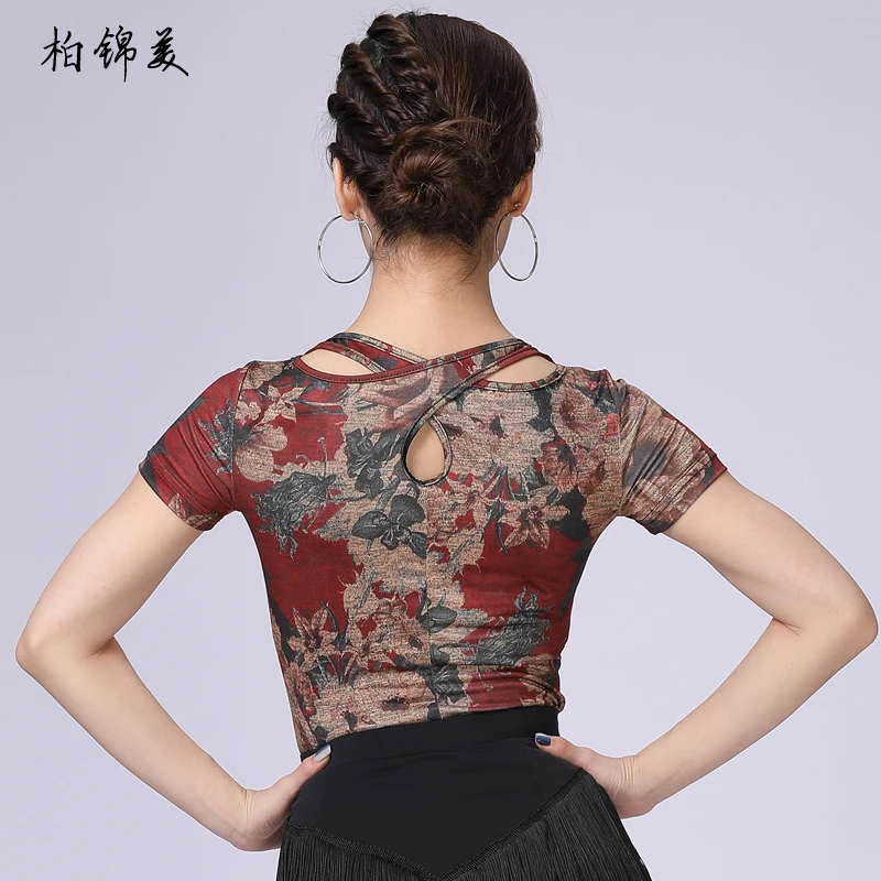 Latin dance top female adult clothing new short-sleeved sexy backless competition training dress performance modern dance