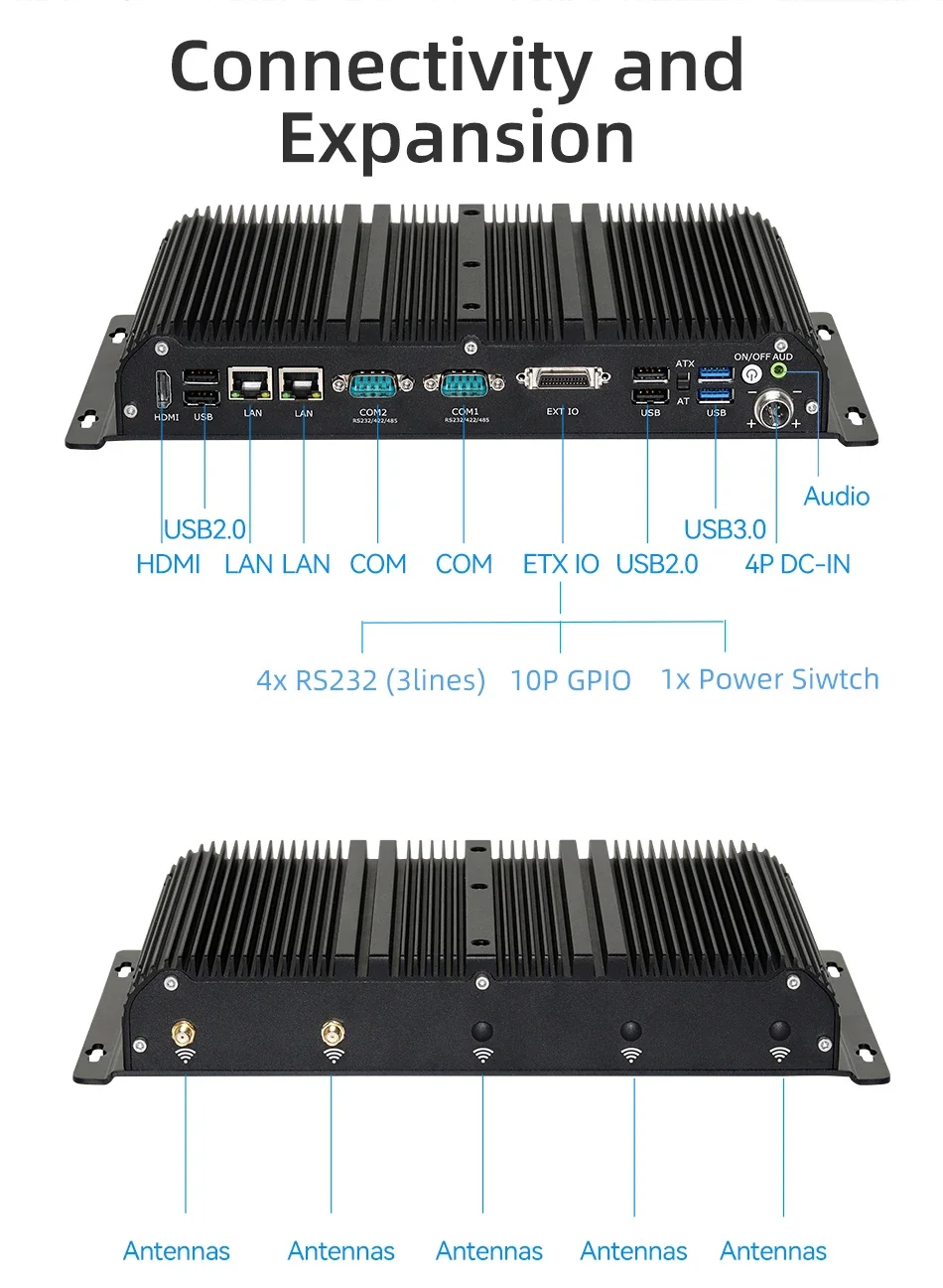 Imagem -06 - Mini pc Industrial Fanless I710510u Ddr4 M.2 Nvme com de 2x Rs232 Rs485 2x Lan Wifi 4g 5g Lte 9v36v Entrada Gpio Expansão