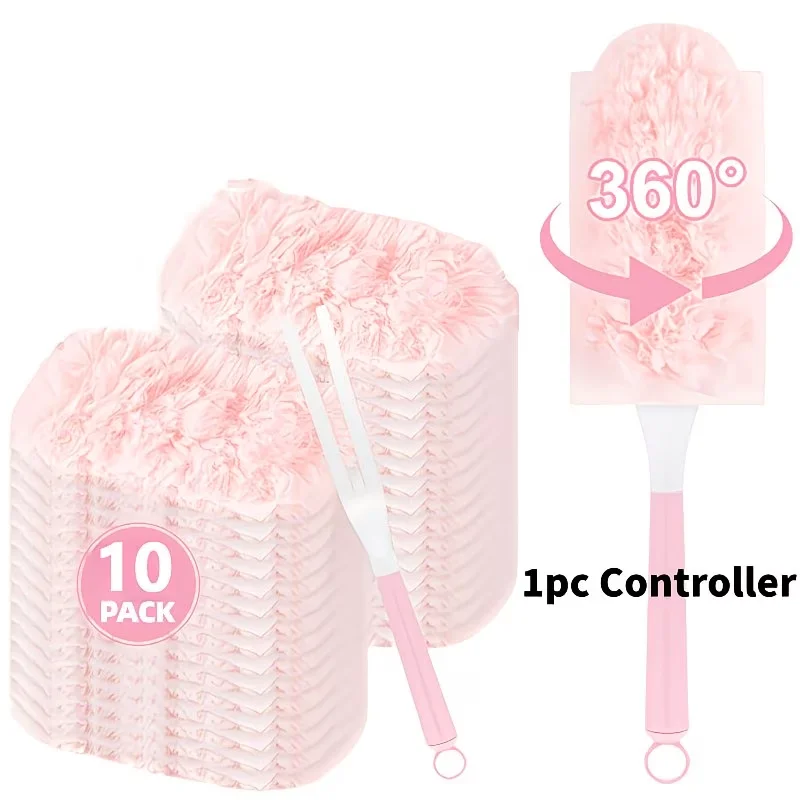 10PCS Pink Disposable Electrostatic Dusters with Handle, Suitable for Home, Car, Electronics, Keyboards, Furniture Cleaning