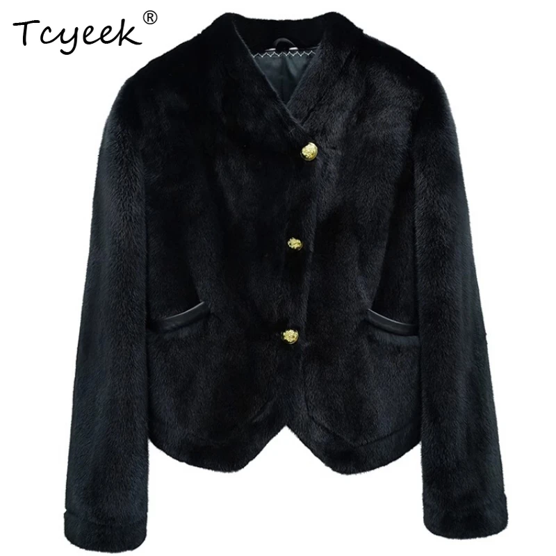 Tcyeek 本物のウール 秋冬 ハイエンド トレンド ミンクファー ブラック カジュアル レディース ウール シアリング ファーコート ファー婦人服