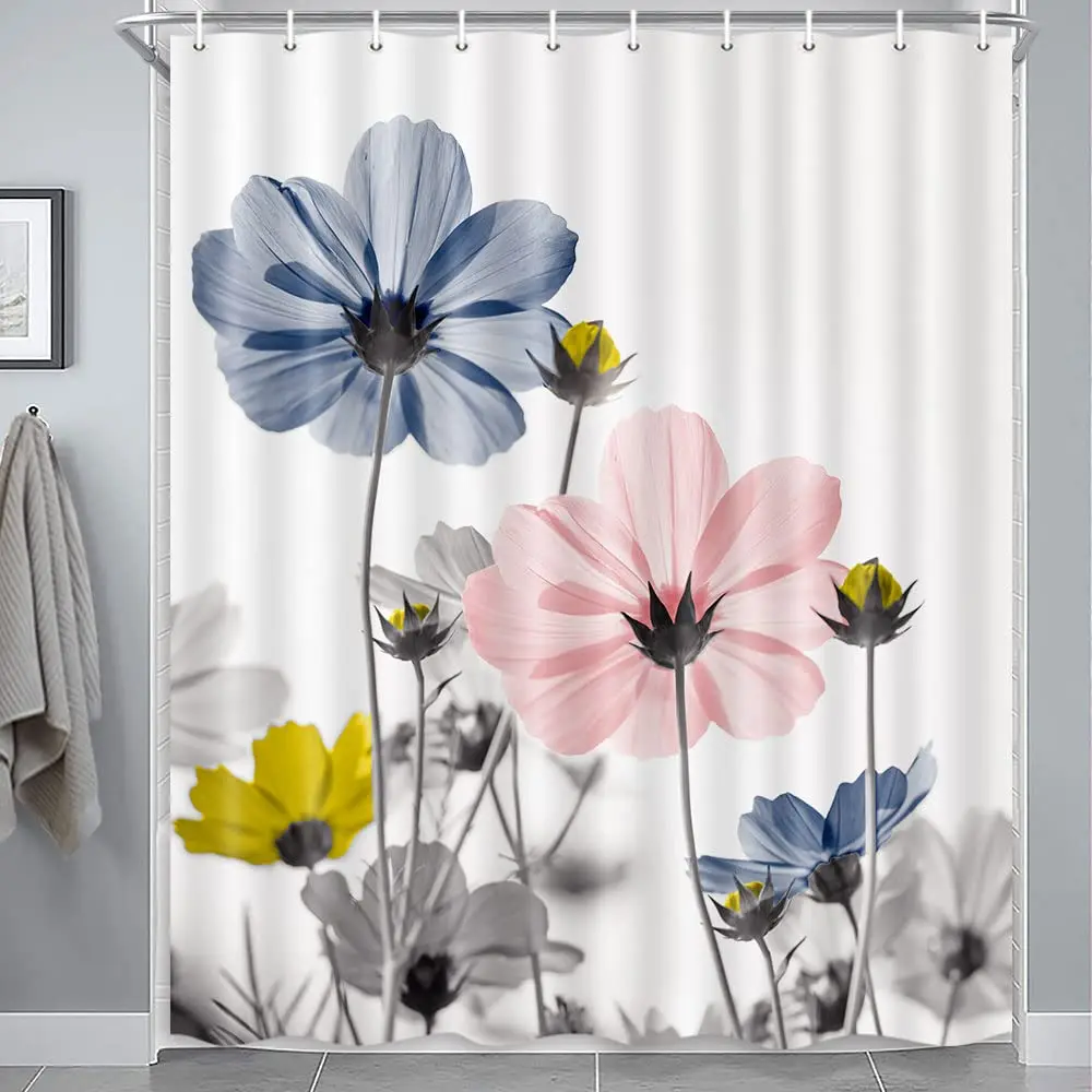 Ink Painting Flower Decoration Bathroom Curtain Elegant Daisy Shower Curtain Polyester Waterproof Decoration Curtain Hooks