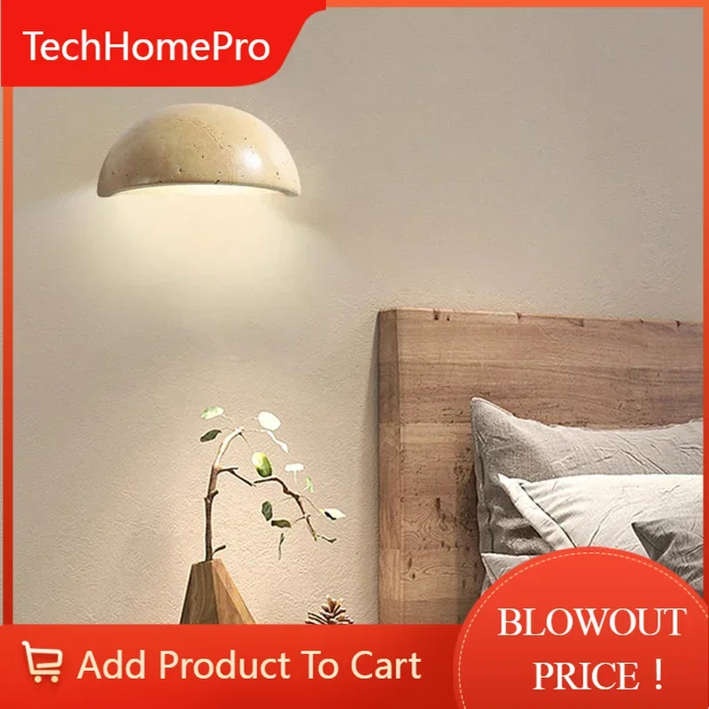 TechHPVintage Wabi Sabi Yellow Cave Stone Wall Lamp Nordic Style Semi Round Bedside Light For Bedroom