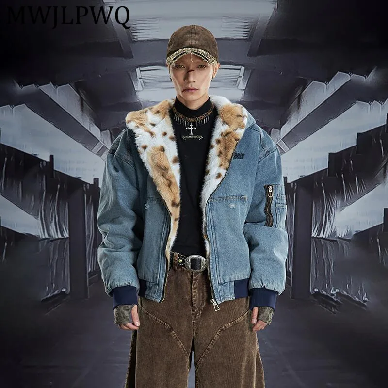 

MWJLPWQ Men's Denim Leopard Fur Hooded Cotton Jacket Long Sleeve High Street Washed Zipper Loose Thickened Casual Coat 13002