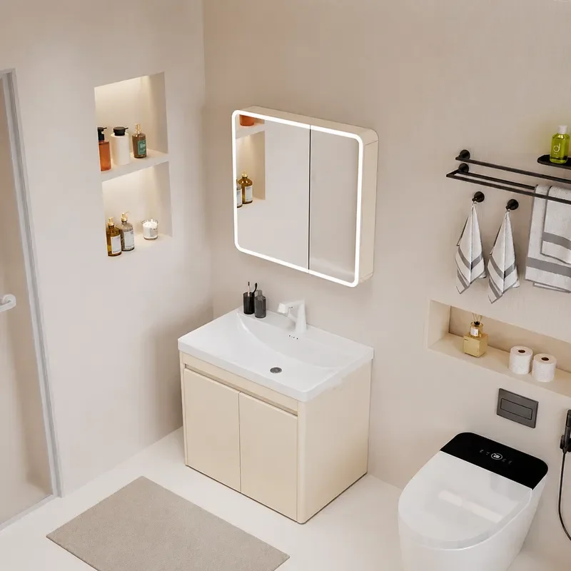 Floor to Ceiling Bathroom Cabinet with Ceramic Integrated Basin and Toilet Combo Deep Belly Sink Balcony Laundry Storage Unit