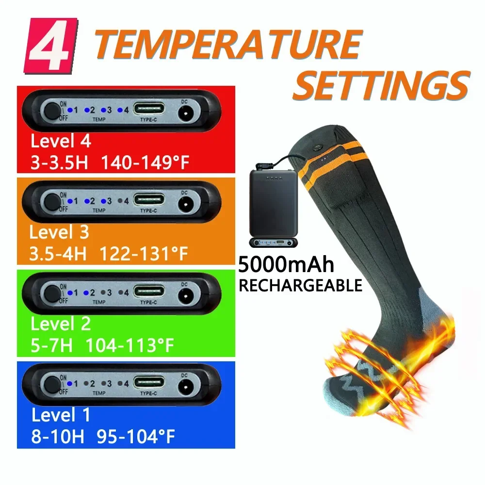 Winter Heated Sock Thermal Size 38-46 Warm Snowmobile Skiing Heating Sock App Control Rechargeable 65℃ Outdoor Sport Foot Warmer