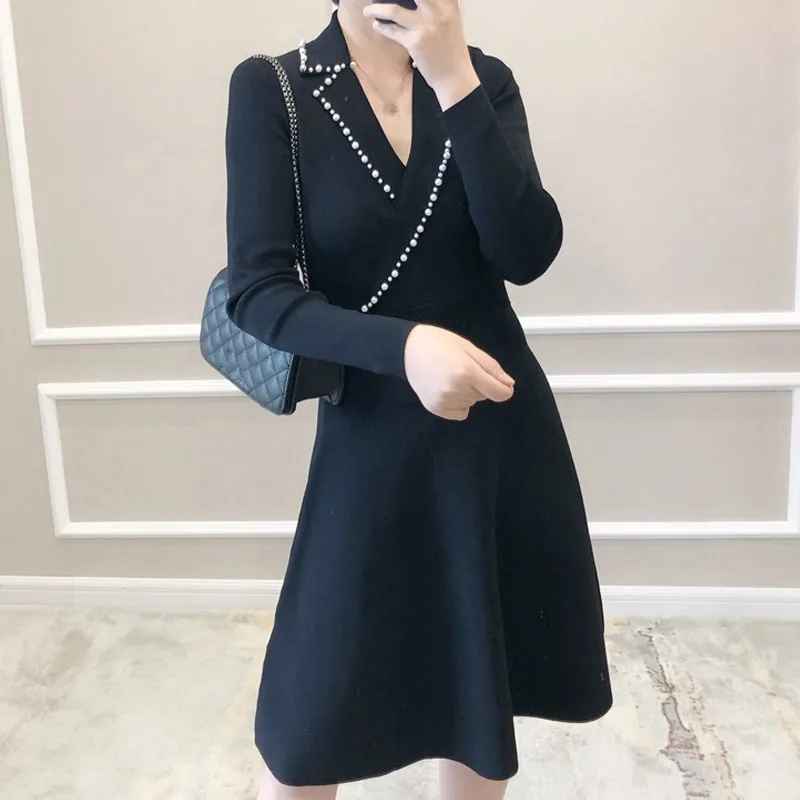 

SD Long Sve V-Ne Knitted Dr Women's Slim Fit Wrap Waist Button Embellied Mid-Length Skirt Sle Autumn Faion