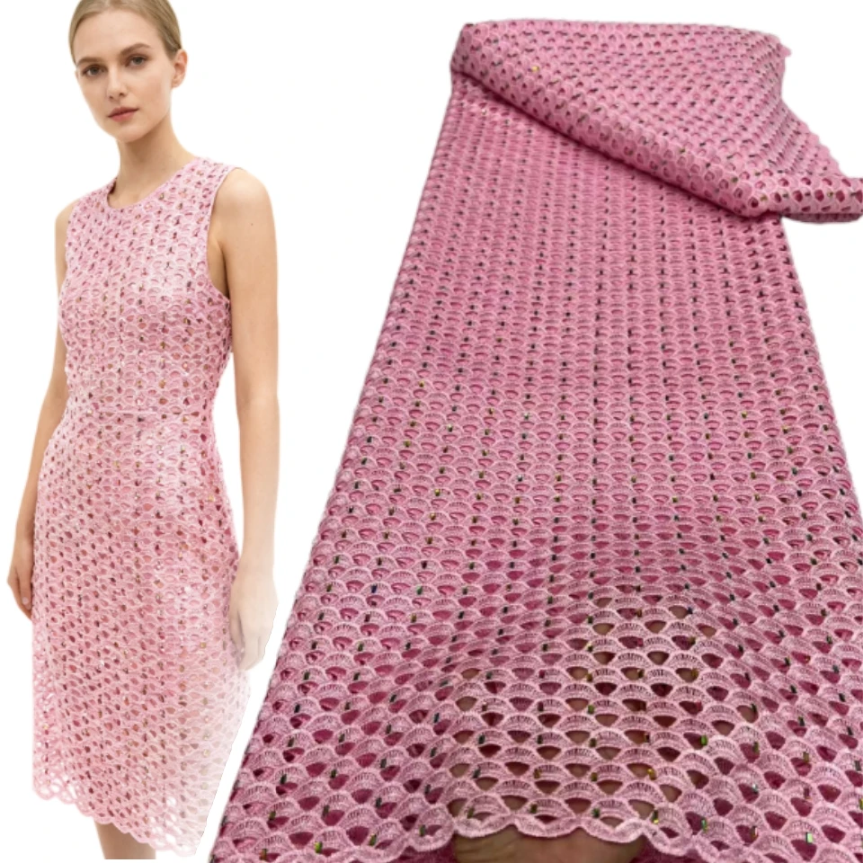 

2025 Latest High Quality African Nigerian Water Soluble Cord Lace Fabric Embroidery Crystal Stone Cotton Party Dress CC1796