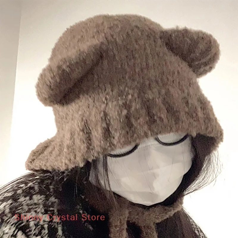 Winter Women's Fashion Hat Cute Bear Earmuff Hat Plush Warm Solid Color Hat