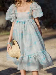 Sweet Summer Blue Color Misty Sky Tie dye Organza Ball Gown Dress Puff Sleeve Retro Women Swing Midi Dresses Fairy Cake Vestidos