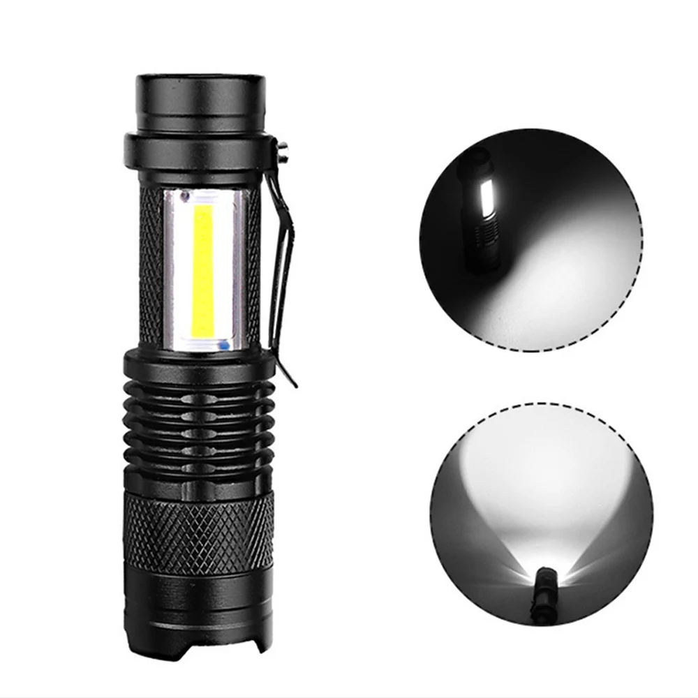 Linterna LED recargable con doble fuente de luz, luz de Flash, Mini Zoom, COB, uso de lámpara XPE, aventura, Camping