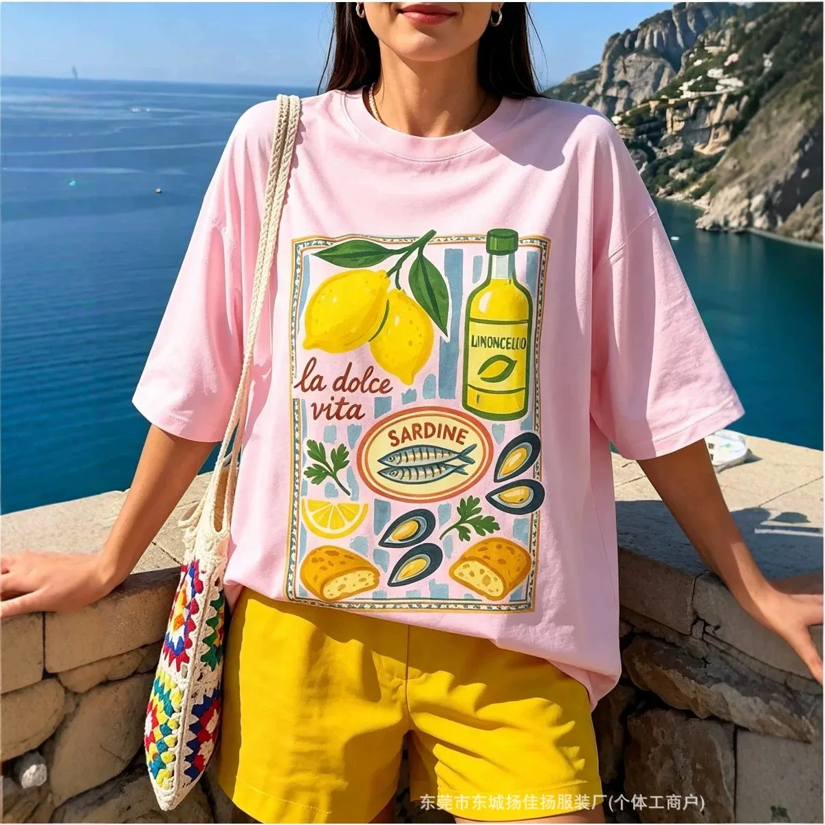 Sweet Y2K Women Loose Cotton T‑Shirt Retro Italian Food Art Graphic Print Casual Round Neck Short Sleeve Summer Vacation Tee Top