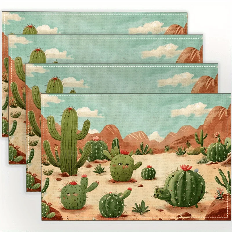 Desert Cactus Placemats Set of 4 Southwestern Table Mats with Mountain Landscape Design for Rustic Kitchen Dining Decor