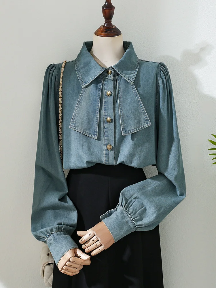 

Women'S Denim Shirt Bows Sweet Solid Korean Fashion Female Jeans Top Casual Loose Basic Shirts Woman Ribbon Blouse Blusas Mujer