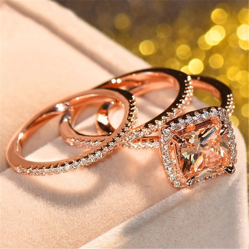 Juego de Anillos de topacio de Color oro rosa de 14 quilates para mujer, tres piezas, Anillos de piedras preciosas, caja de anillo de boda, joyería de peridoto de Topacio