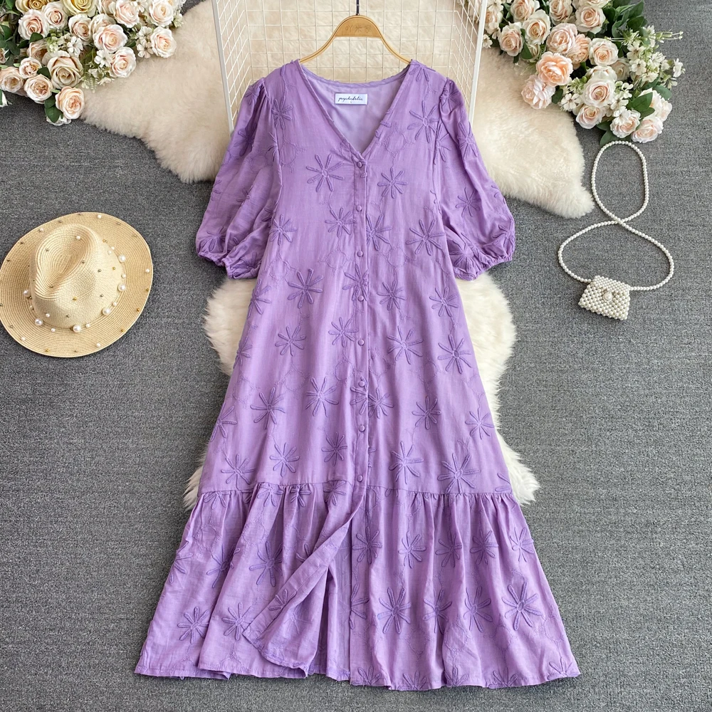 초상기 사랑 티 브레이크 가운 젠틀 빈티지 버블 반팔 브이넥 싱글 버튼 A라인 드레스 한국 스타일 출퇴근 순색