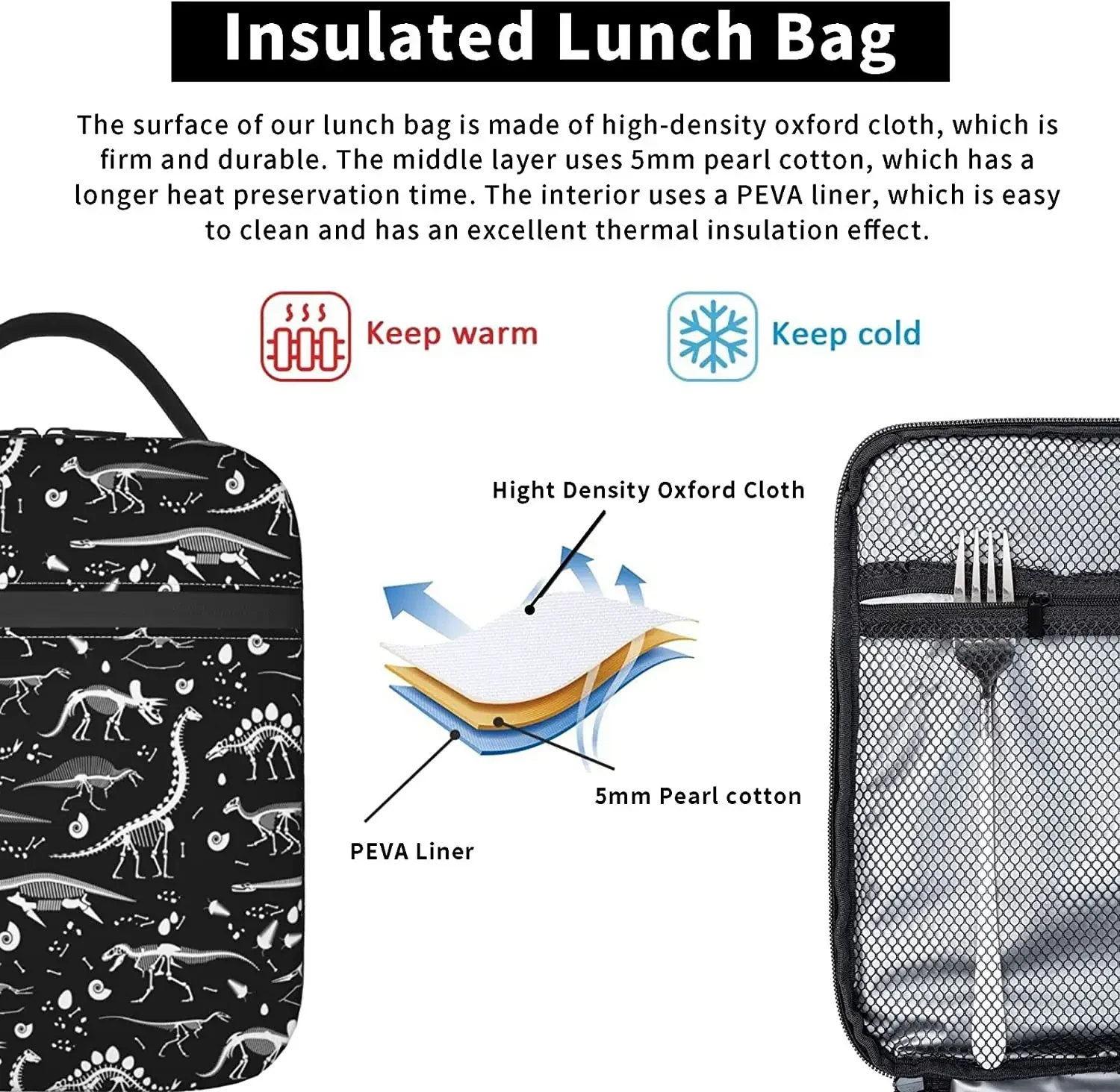 Dinosaurs Black and White Totes Lunch Bag Portable Insulated Lunch Box Back to School Picnic Office Travel