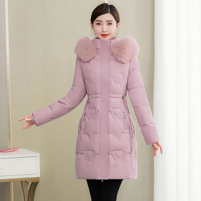 

Hooded Thick Down Jacket Female 2024 New Middle Aged Cotton Winter Warm Coat Wear Plus Size Mid-Length Parka Women 3XL N160