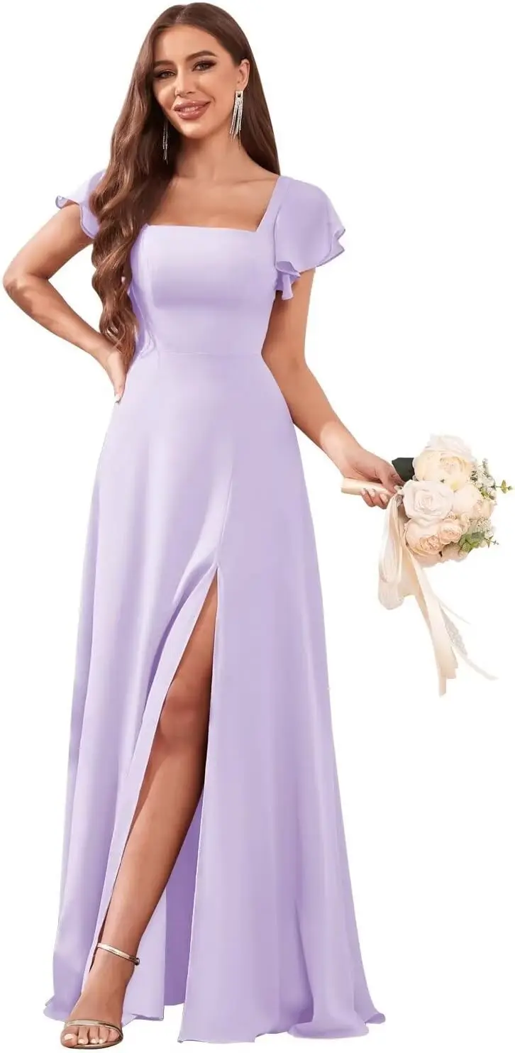 Vestidos de dama de honor de manga corta para boda, cintura imperio, línea A, vestidos formales largos de gasa con hendidura