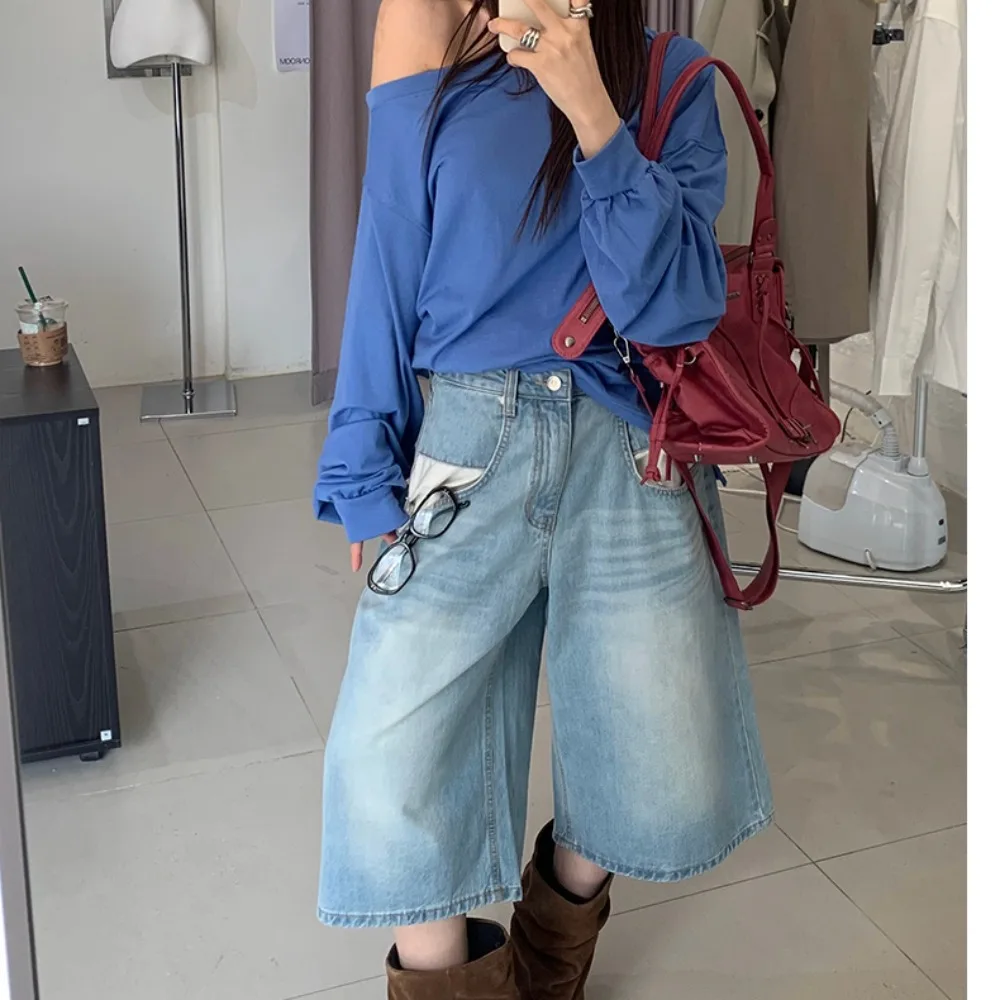 Chic Summer 2026 Korean Style Fashionable All-Match Diagonal Pocket Color Block Wide Leg Jeans Women's Standard Fit Natural W...