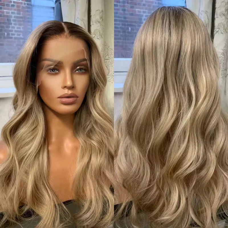Balayage Ombre Light Blonde Dark Roots Body Wave Human Hair Lace Front Wigs