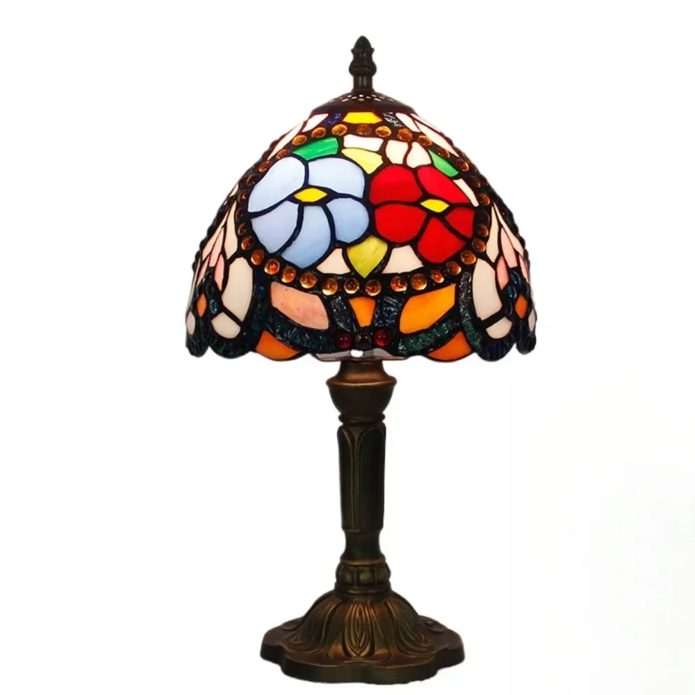 

Dia20cm Tiffney Table Lamp Color Glass Beads Rose Lamp Shade Resin Base Retro Table Lamp Bedroom Dining Room Art Desk Light
