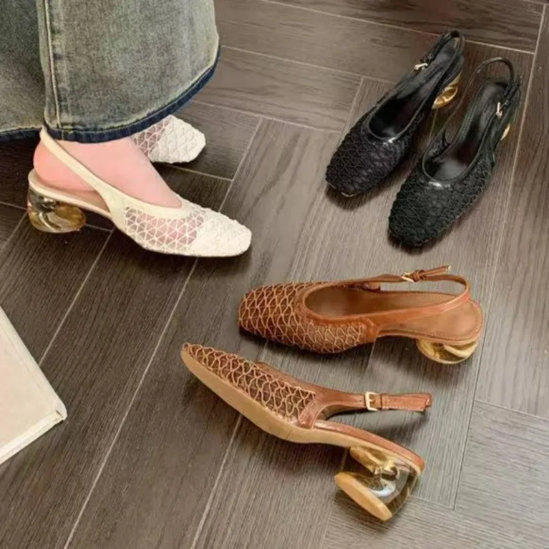 

Mesh Mid Heels Sandals Elegant Square Toe Women Shoes 2025 New Summer Elegant Pumps Designer Slippers Prom Cozy Trend Zapatillas