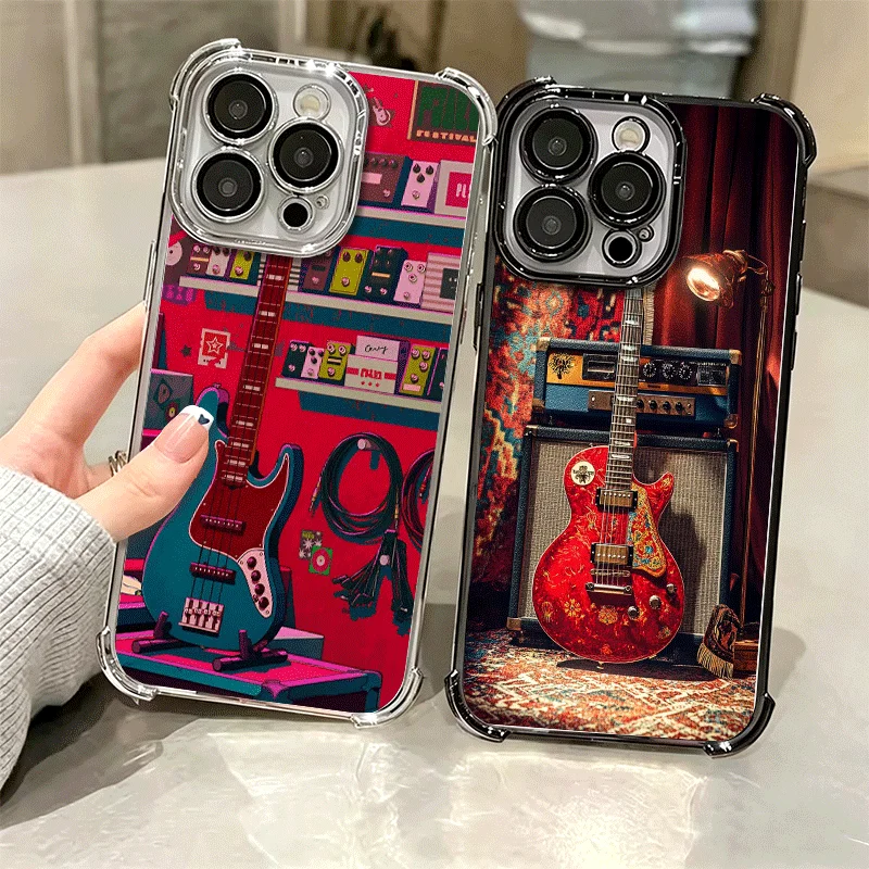 Guitar Retro Rock Music Plating Phone Case For iPhone 16 17 18 Pro Max 17E 16E 14 15 Plus 12 13 Mini 11 XS XR Anti-Fall Protecti