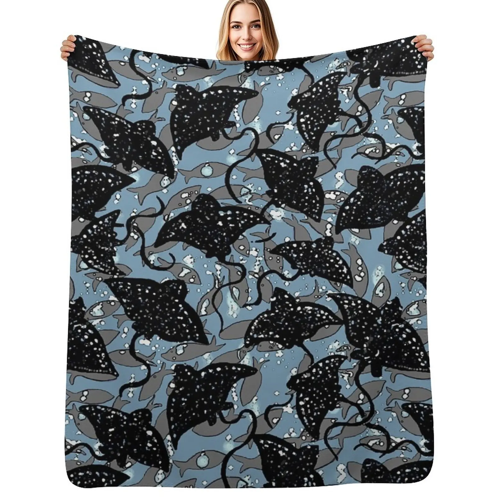 Black Spotted Eagle Ray School of Fish Pattern Throw Blanket Flannel Beach Plaid Hair Sofa Throw Shaggy Blankets