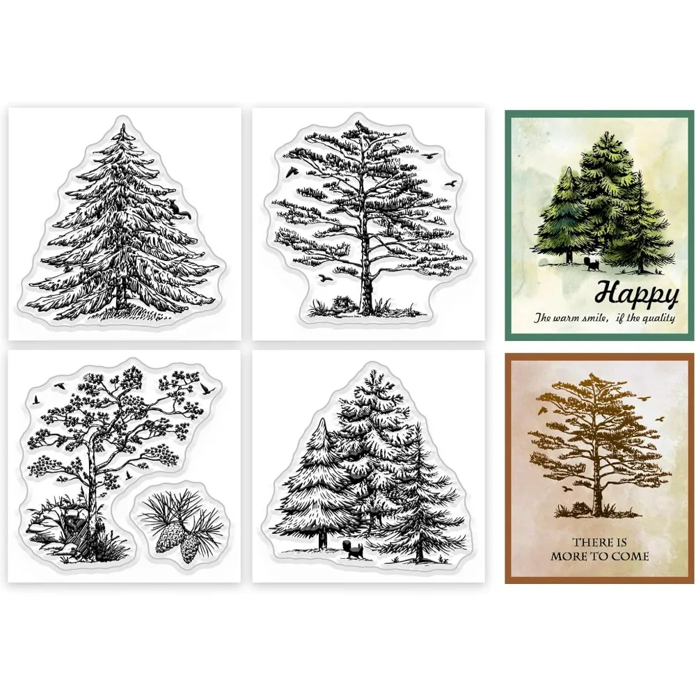 4Pcs Mini Pine Trees Clear Stamps for DIY Scrapbooking Mini Forest Pine Tree Silicone Stamp Seals Transparent Stamps