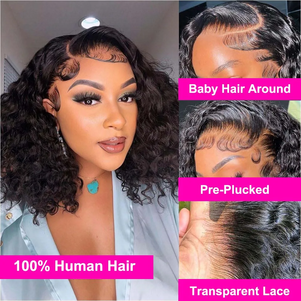 Water Wave 200% Density Pre Plucked Short Bob 13x4 Full Lace Frontal Wig Brazilian Virgin Human Hair Wigs For Black Women 14Inch