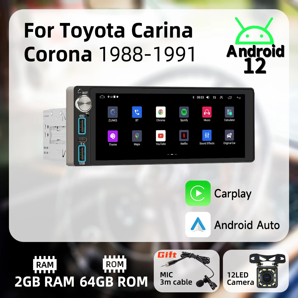 Carplay 1 Din Radio Android Car Multimedia for Toyota Carina Corona 1988-1991 6.86