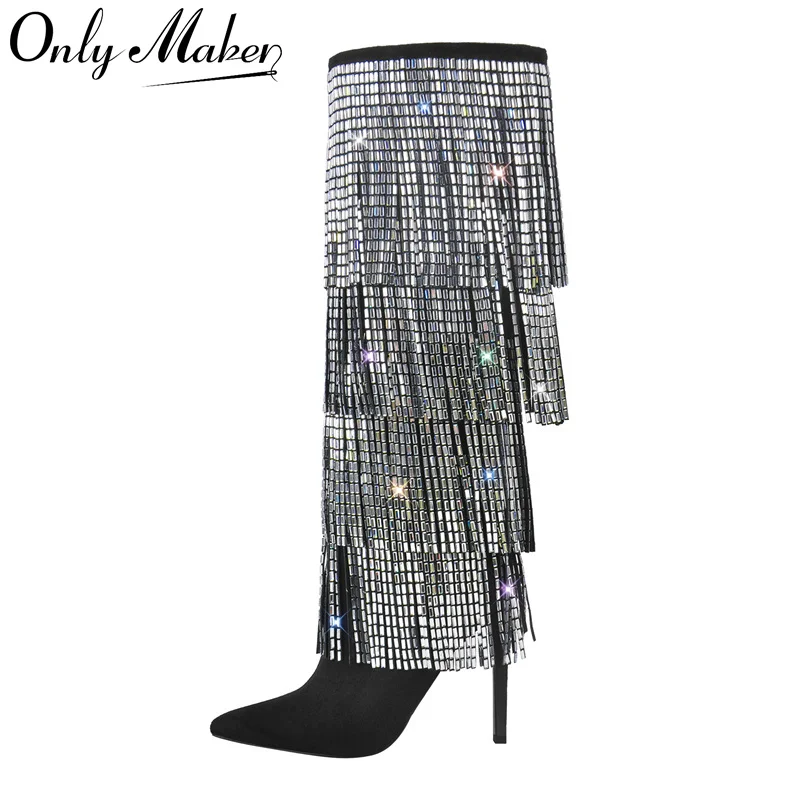 Onlymaker Women  Rhinestone Fringe Stiletto Knee High Boots Thin Heel Fashion Pointed Toe Tassel Crystal Moden Boots
