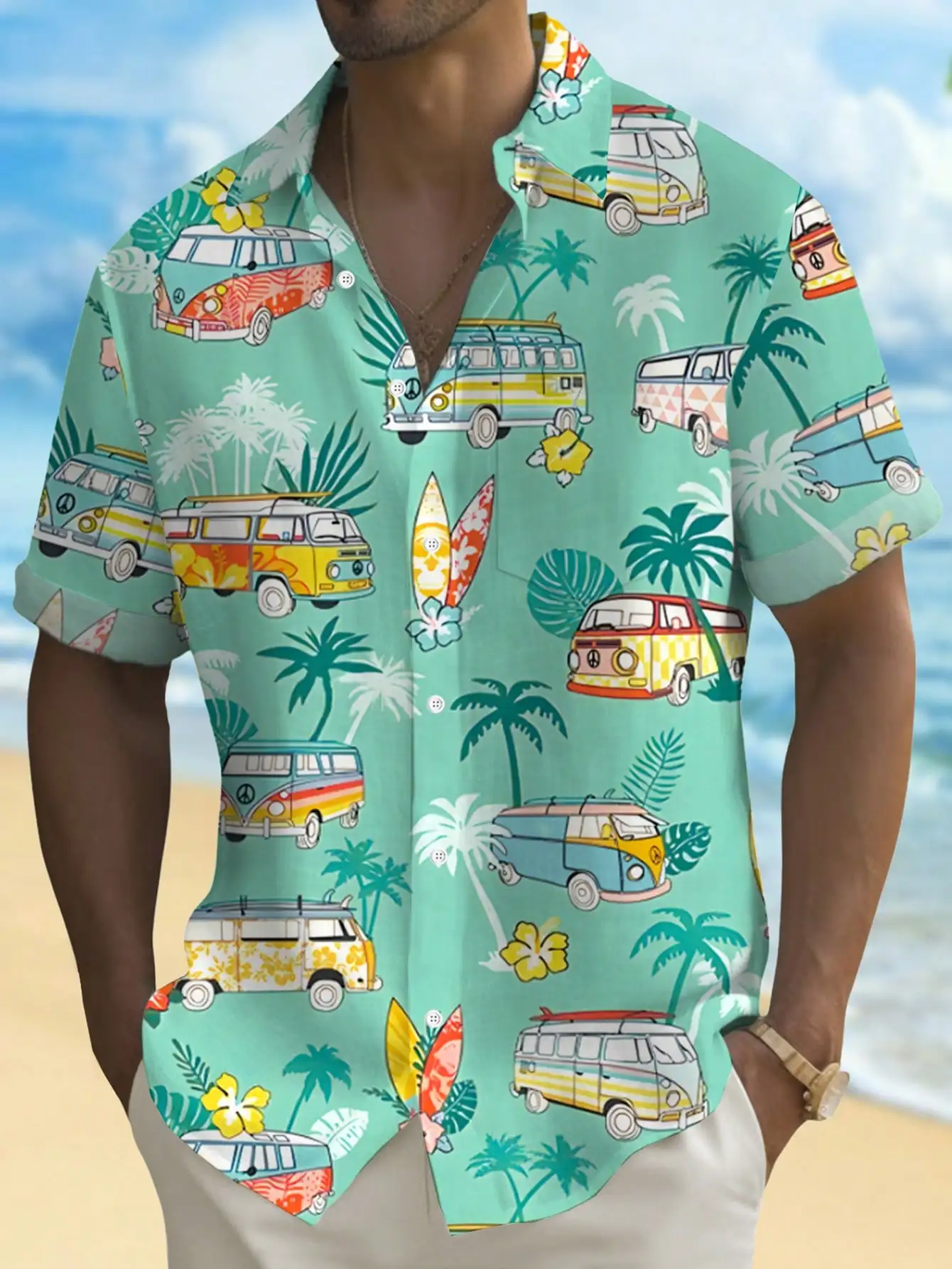 

Men's Short Sleeve Button-Down Shirt with Retro Van, Palm Tree & Surfboard Print
