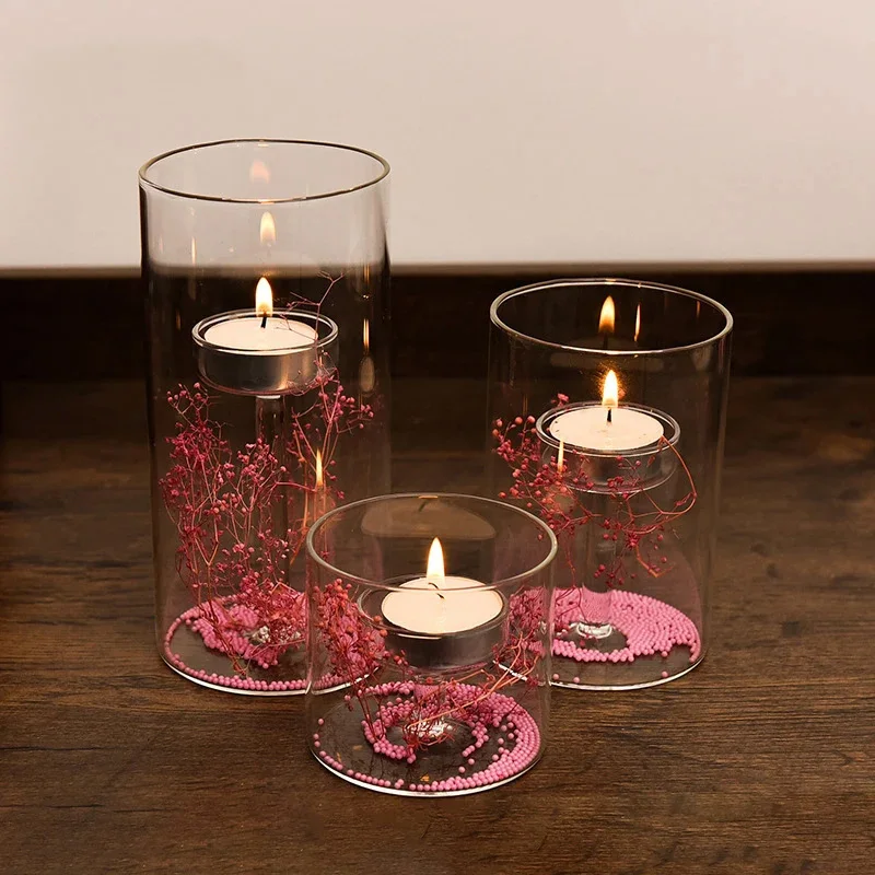 Transparent Glass Candlestick Home Oil Lamp Windproof Candle Holders Cup Cover Table Decor Restaurant Hotel Dining Decorations