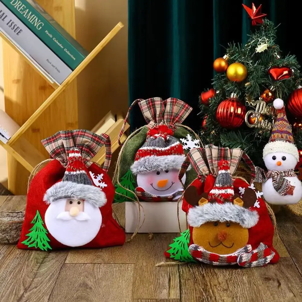 Plaid Trim Christmas Gift Bag Long Carry Handles Open Top Holiday Gift Bag Applique Decoration Christmas Tote Bag