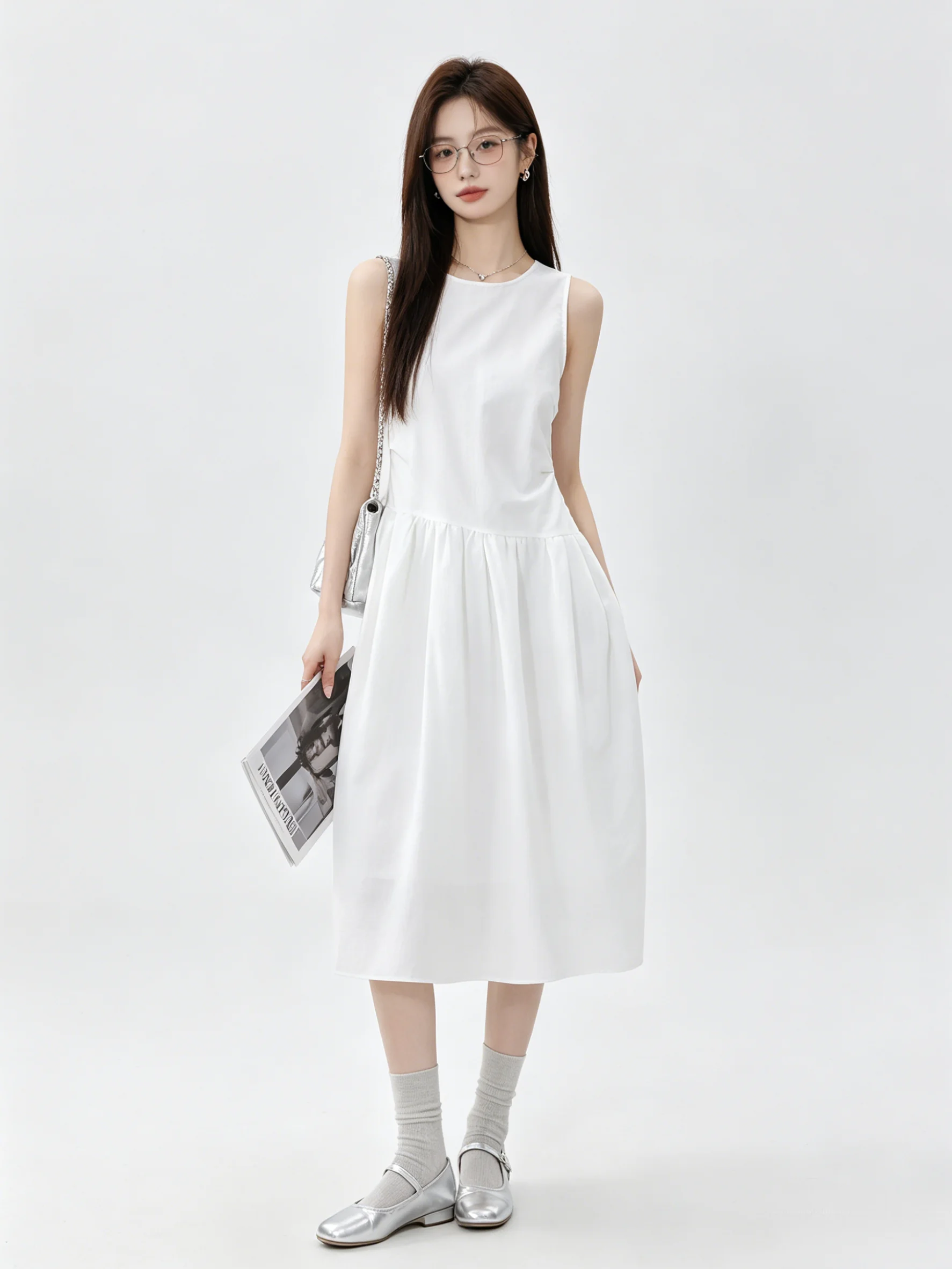 Korean Style Simple Sleeveless Waist-Cinched Vest Dress Women Summer Gentle Holiday Long Dress A-Line Skirt Back Zipper