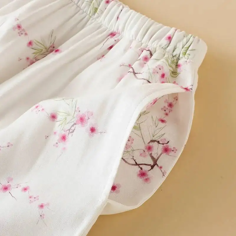 طقم بيجامات نسائي من نسيج الخيزران على الطراز الوطني لفصل الربيع والصيف رقيق بأكمام تسعة أرباع بلوفر بدلة باما