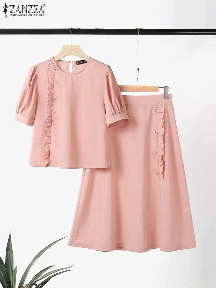 ZANZEA Women Buttons Outfits Vintage 2PCS Ruffled Dress Sets 2024 Summer Short Sleeve Tops Suit Casual Office Long Skirt Sets