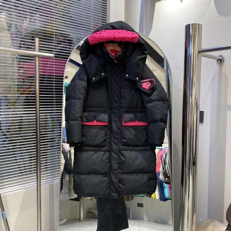 Winter Medium and Long Down Jacket Women's Over-knee Hooded Thickened Loose Contrasting Color Love Bag White Duck Down Jacket
