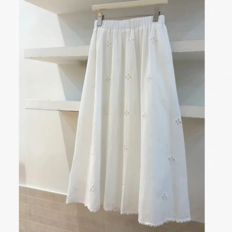 

New Summer Fashion Hollow out Skirt Women Elegant Elastic Waist A-line Business Midi Embroidery Casual Skirt Retro Jupe