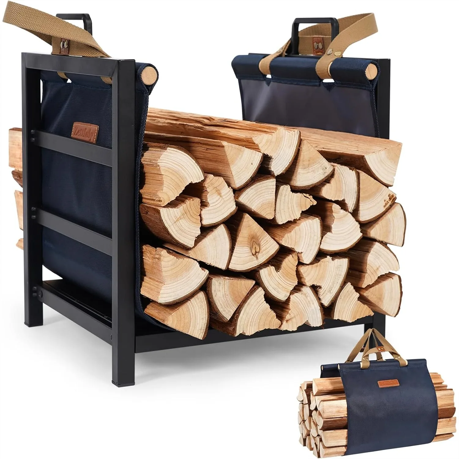 

Firewood Rack Indoor Outdoor with Carrier, Heavy Duty Metal Log Holder for Fireplace, 16 inch, Navy