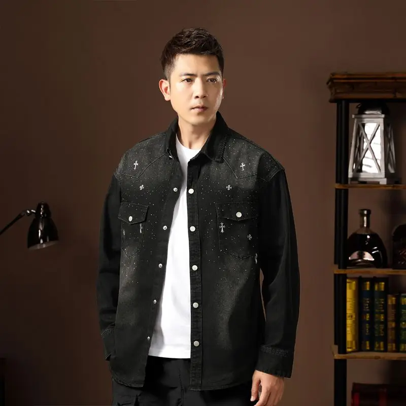 ربيع الخريف سترات الدنيم خمر مع جيب تصميم الدنيم معاطف للرجال واحدة الصدر التلبيب طوق سترة الخريف معطف العمل