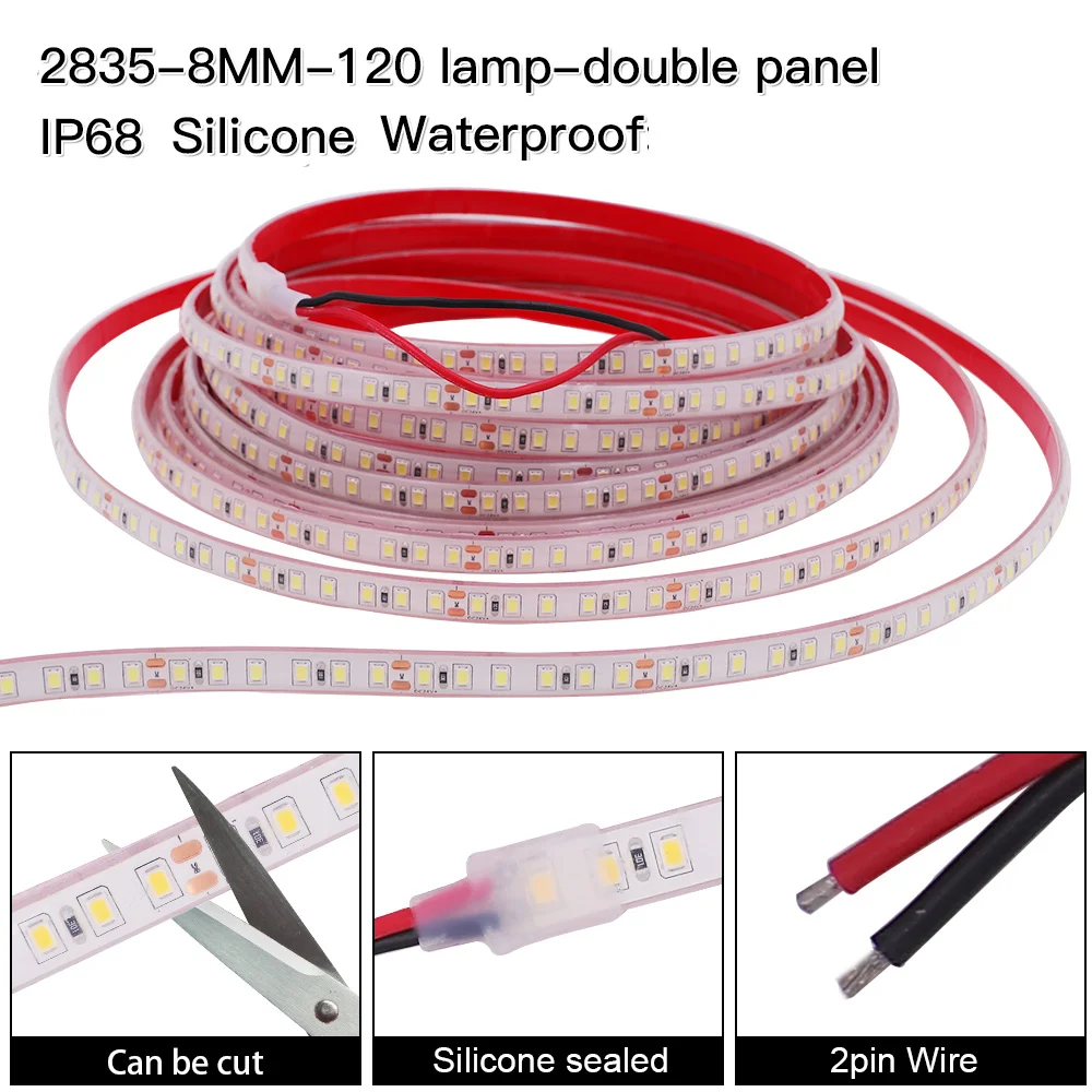 12V 24V 5m 10m 20m LED-Streifenlicht IP68 Wasserdicht 2835 9 Farben Flexibles Klebeband mit 2-poligem Draht 120LED/m Helles Band 0,5m 1m 2m