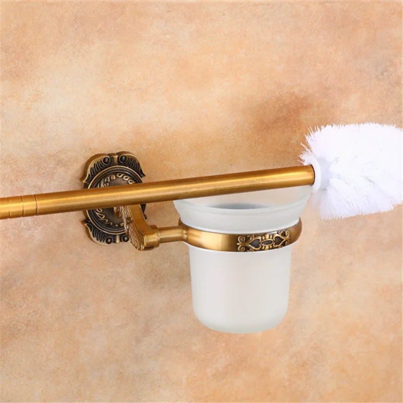Tuqiu Antique Toilet Brush Holder with Brush Aluminum Carved Bathroom Toilet Scrub Cleaning Brush Holder Set